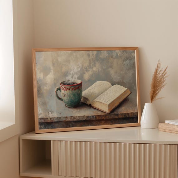 Cozy Coffee And Book Canvas Wall Art Rustic Still Life Of Steaming Mug Open Pages Warm Literary Home Dcor For Lovers