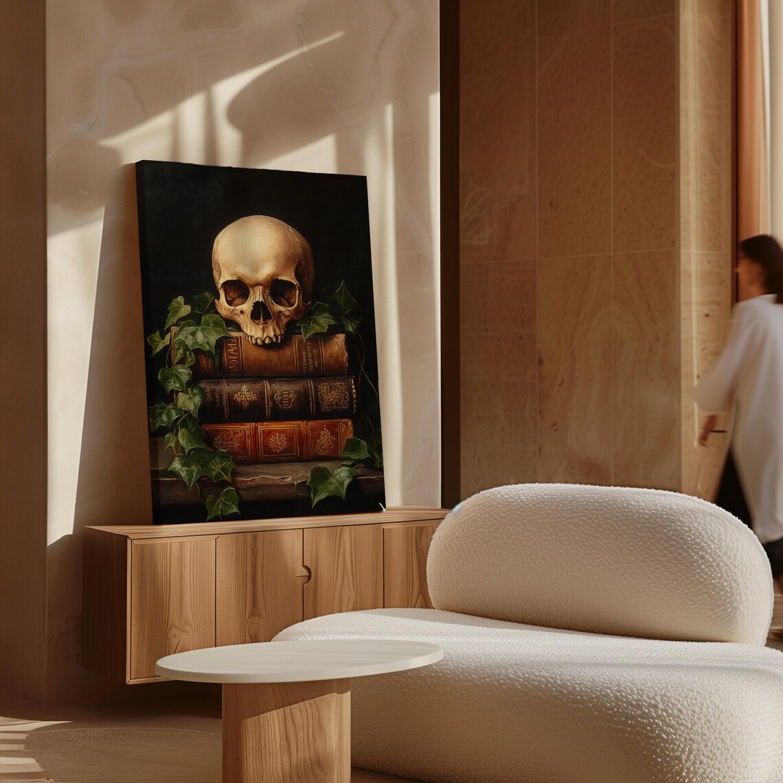 Vintage Skull On Antique Books With Ivy Dark Academia Still Life Wall Art - Image 2
