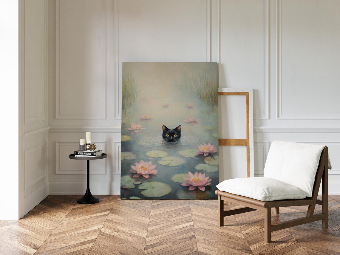 Black Cat Peeking Through Misty Water Lilies Fantasy Wall Art - Image 3