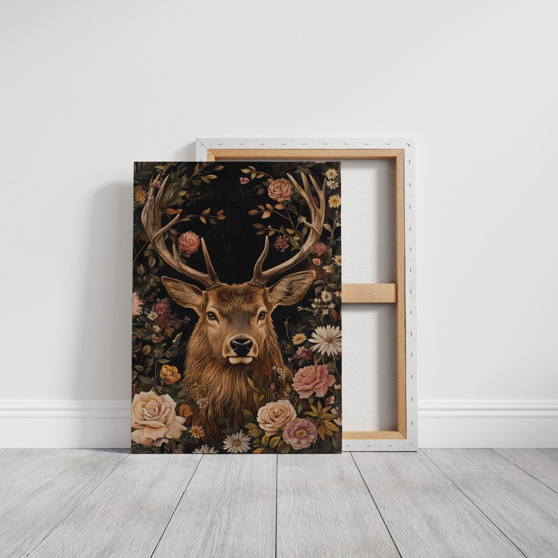 Noble Red Deer Stag Among Peonies Dark Vintage Botanical Poster - Image 3