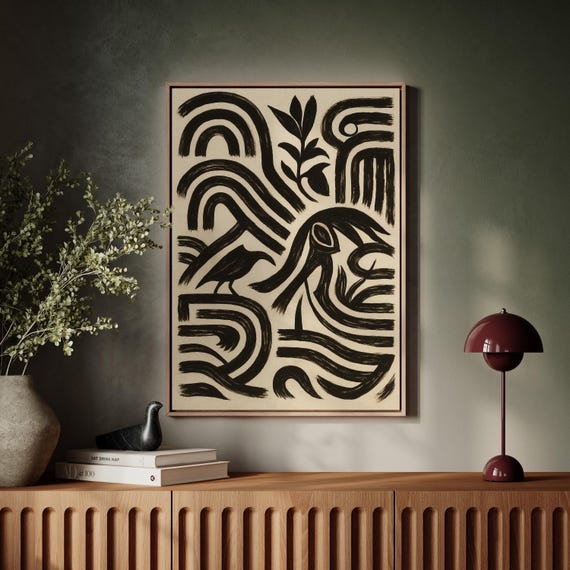 Tribal Style Bird Nature Abstract Canvas Bold Black Brushstroke Line Art For Boho Modern Wall Decor