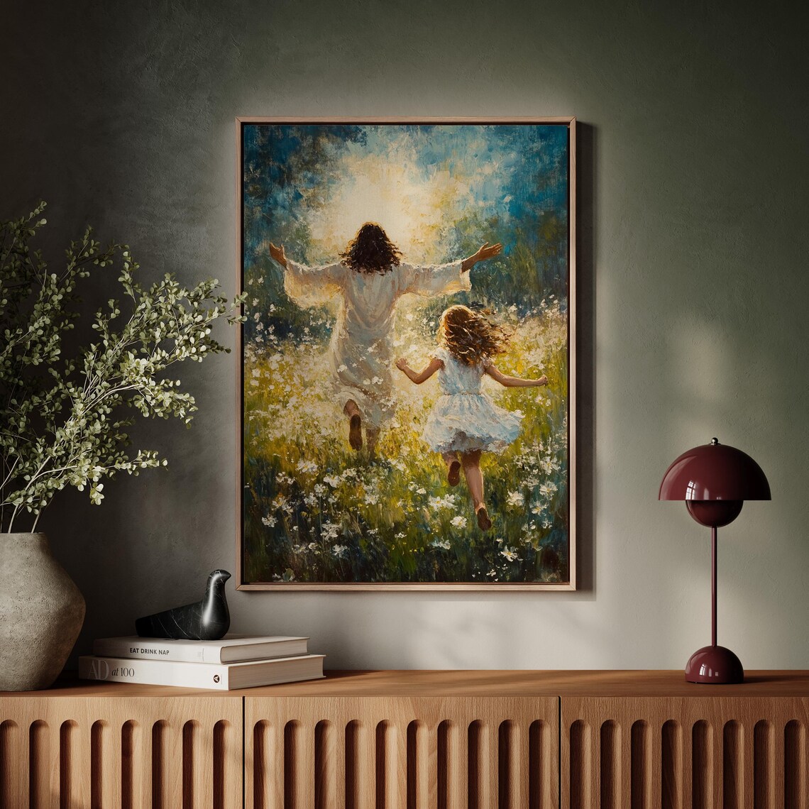 Jesus And Child Running in a Meadow, Christian Art Print - Image 3