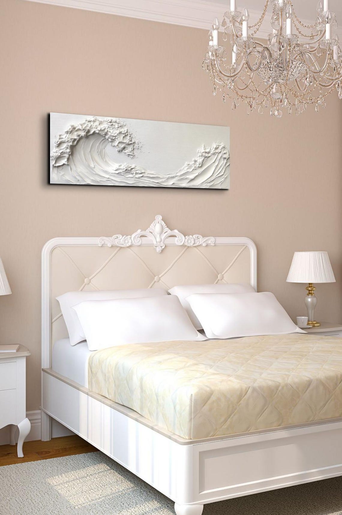 White Textured Ocean Wave Minimalist Panoramic Relief Art Poster - Image 7