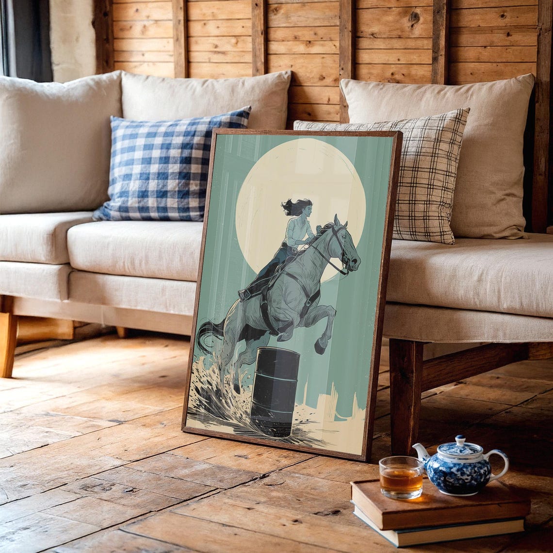Cowgirl Barrel Racing Under A Glowing Desert Moonlight Wall Art
