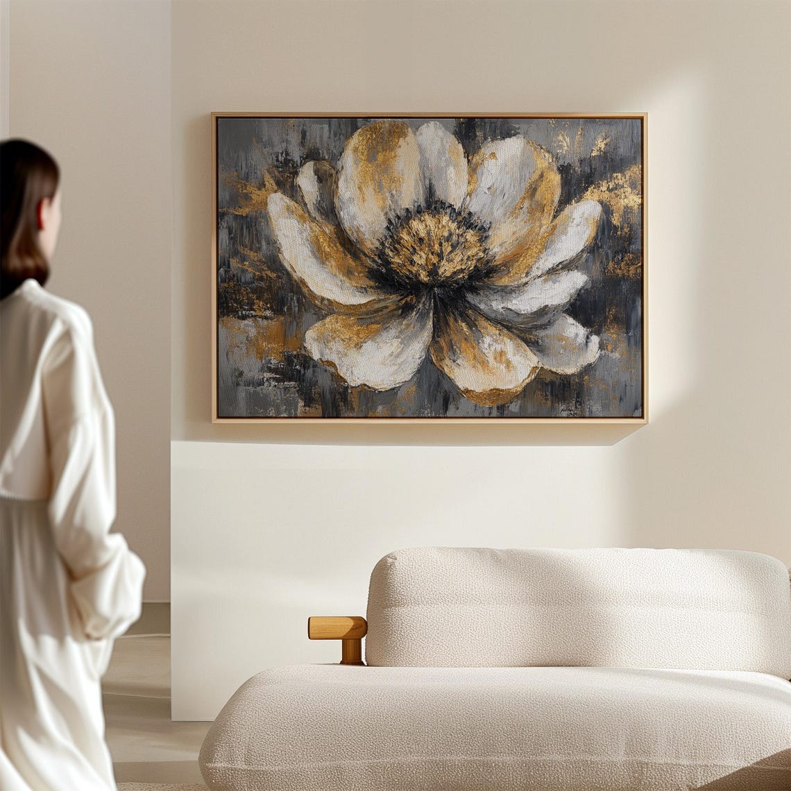 White Gold Abstract Flower Gray Textured Oil Painting Style Poster - Image 7