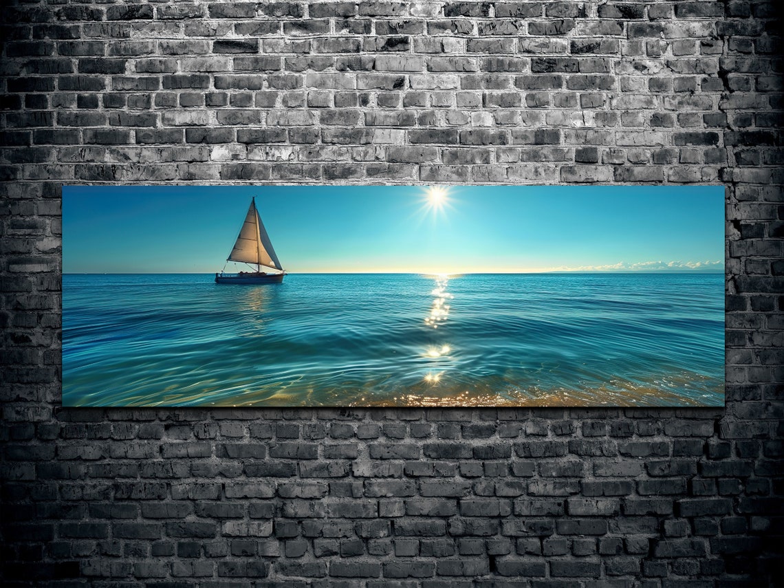 Serene Lone Sailboat Gliding Over a Calm Sunlit Blue Ocean Poster - Image 2