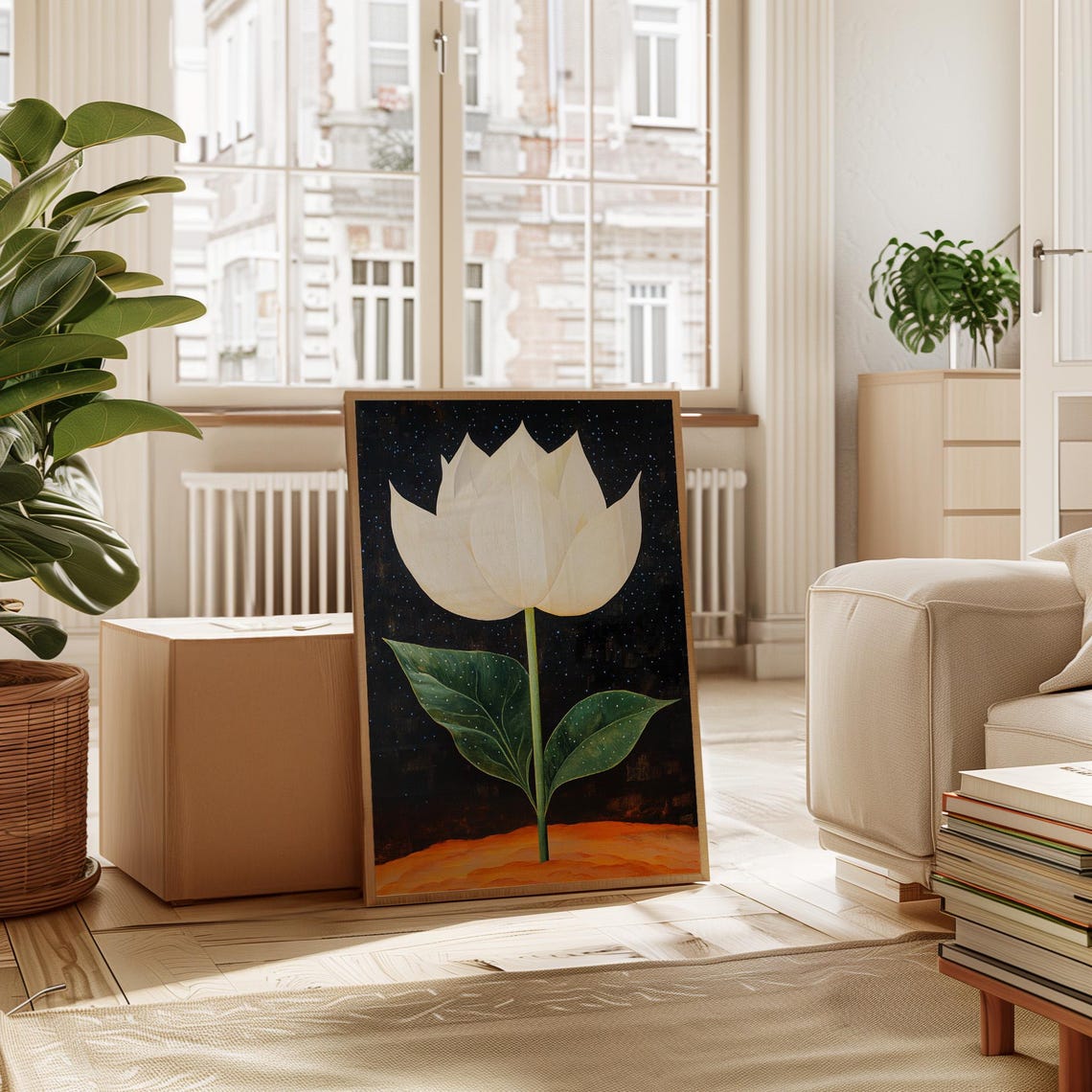 White Under Starry Sky Surreal Botanical Wall Art