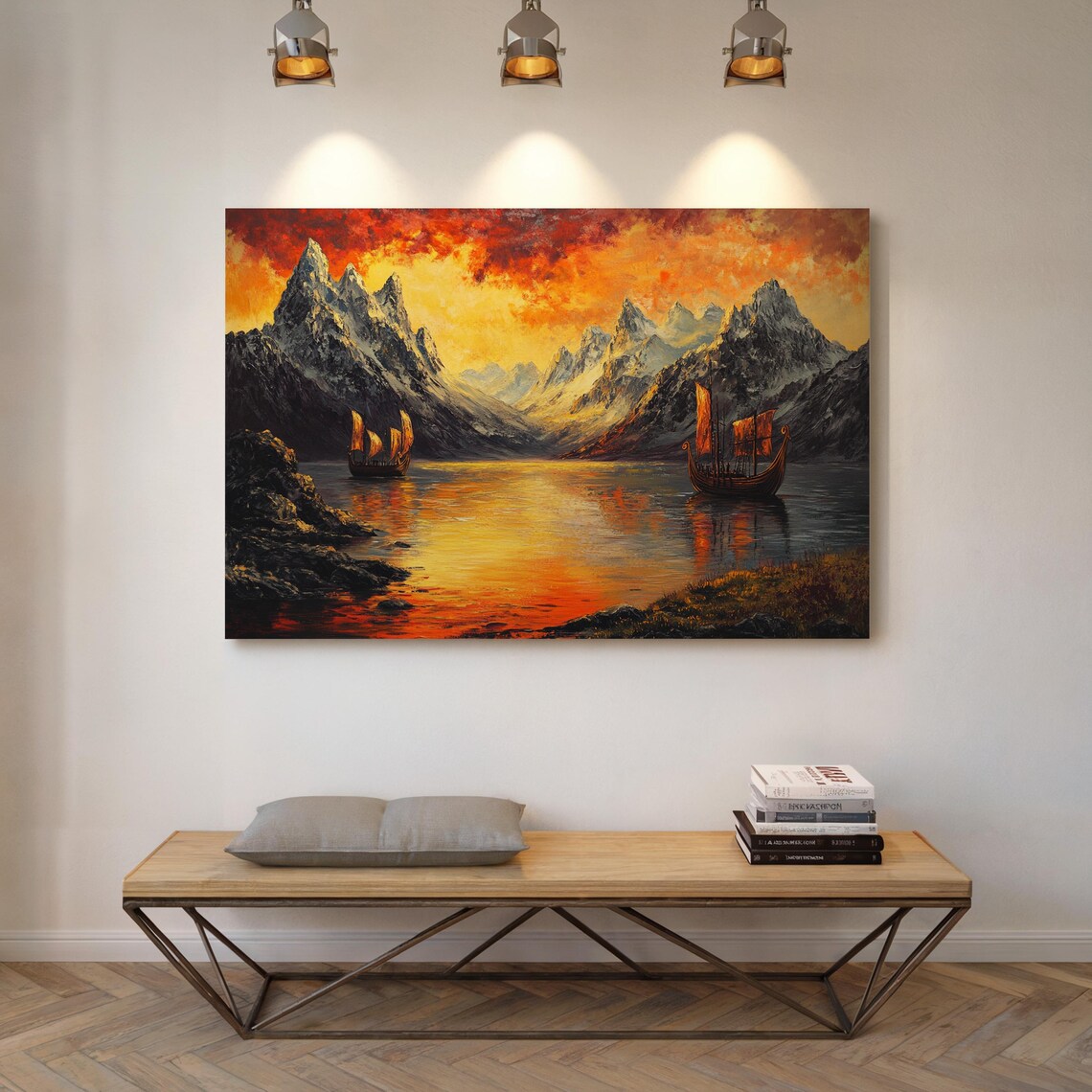Viking Longship Sunset Landscape, Fjords Reflections - Image 7