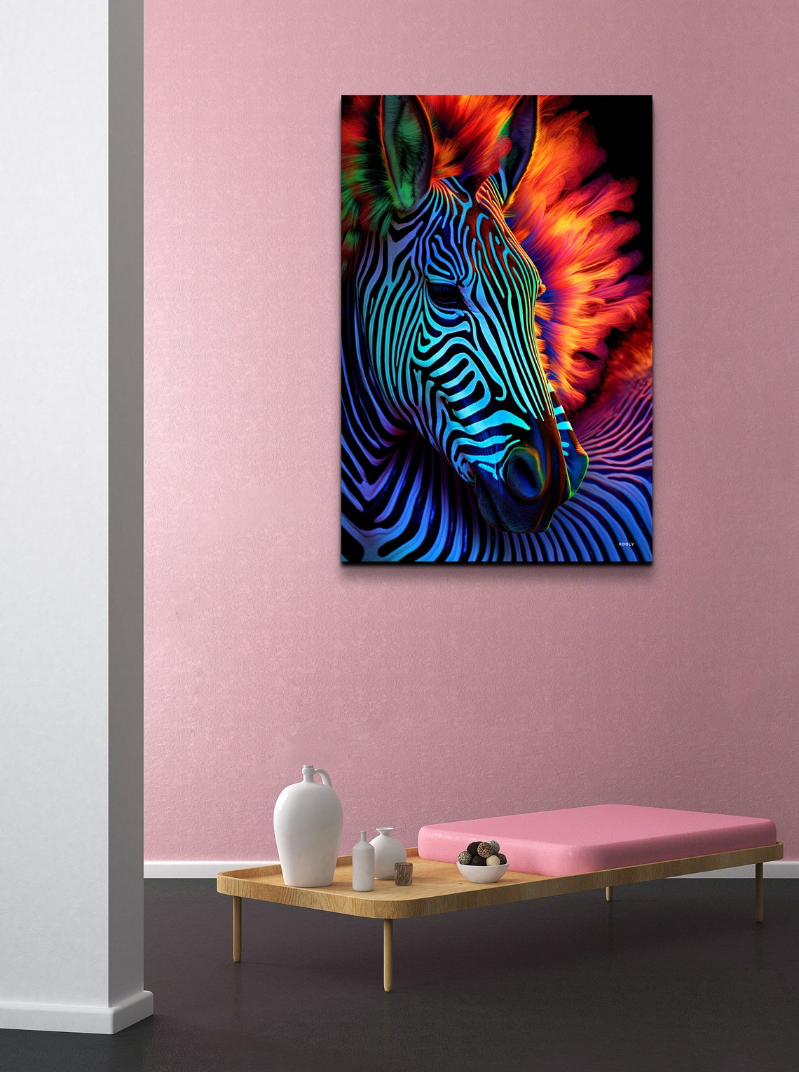 Neon Zebra Portrait Fiery Orange Mane Colorful Animal Wall Art - Image 4