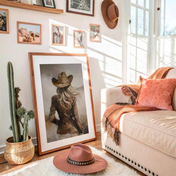 Cowgirl In Brown Hat Western Rustic Painting