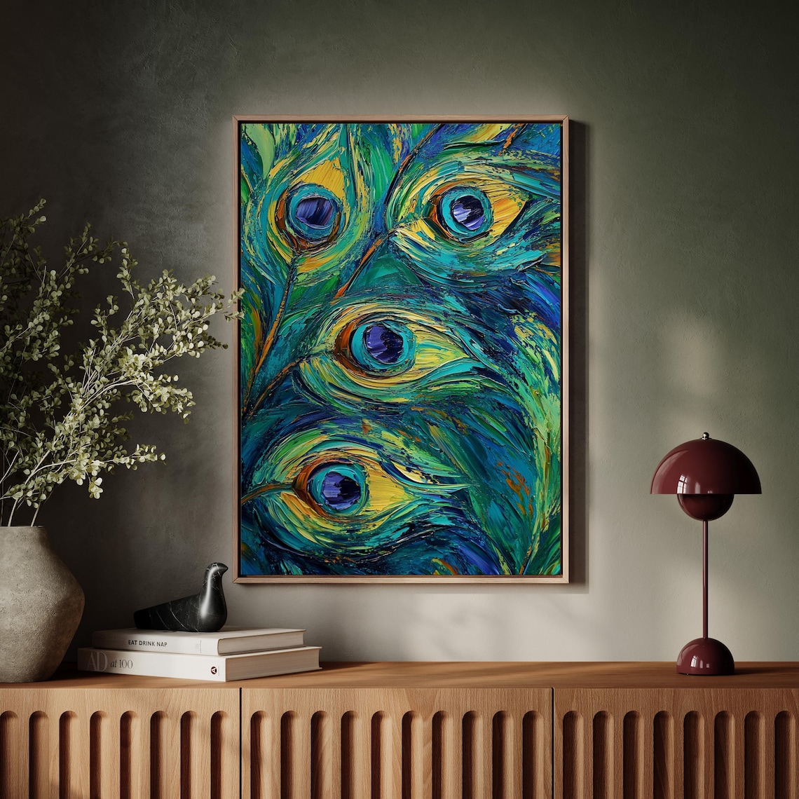 Elegant Peacock Feather Abstract, Bold Brushstroke Texture