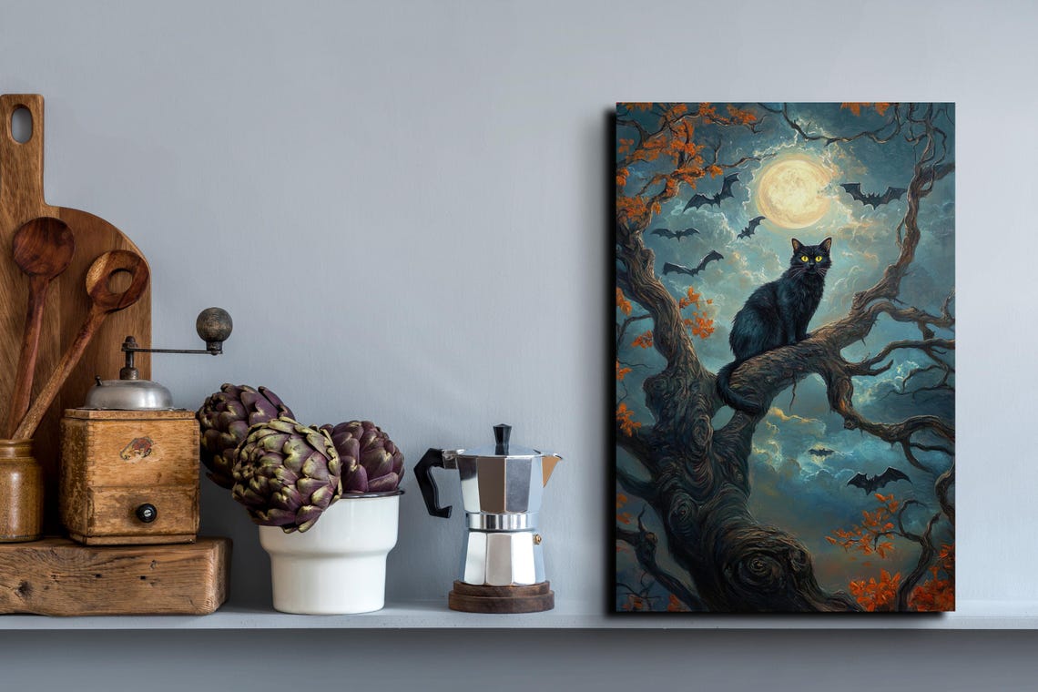 Black Cat in Gnarled Tree With Bats Under Harvest Moon Poster - Image 4