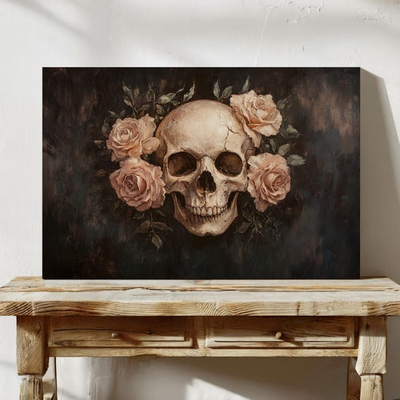 Gothic Skull And Roses Wall Art Vintage Floral Dark Aesthetic Decor For Gothic Homes And Dramatic Spaces