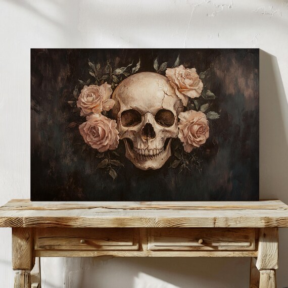 Human Skull With Roses On Dark Background Gothic Floral Oil Poster