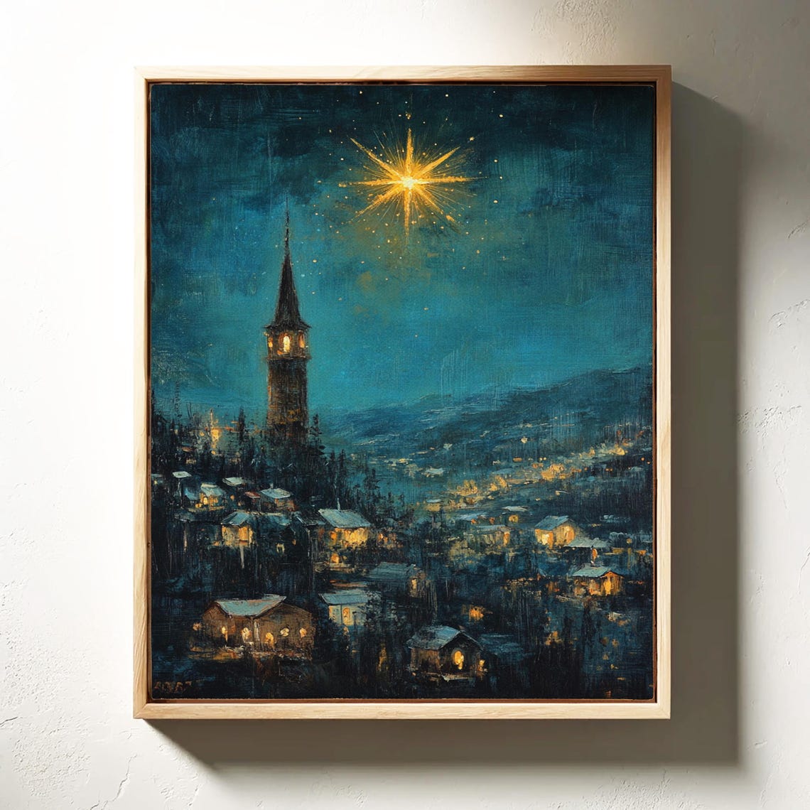 Christmas Star Over Village Church Steeple Night Winter Scene Poster - Image 4