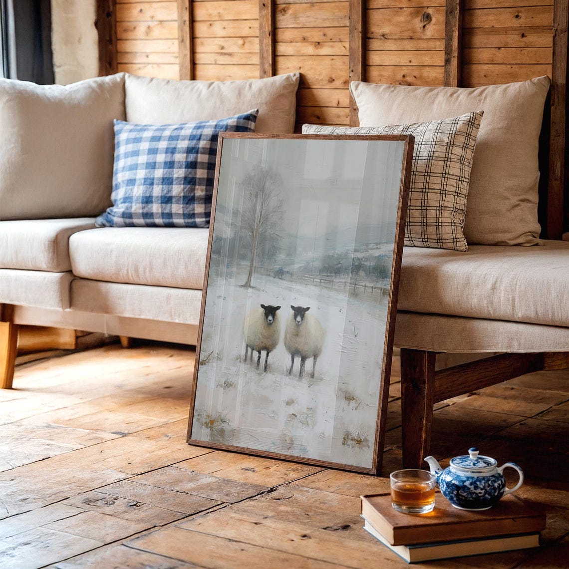 Two Sheep In Snowy Field Soft Winter Farmhouse Painting Poster