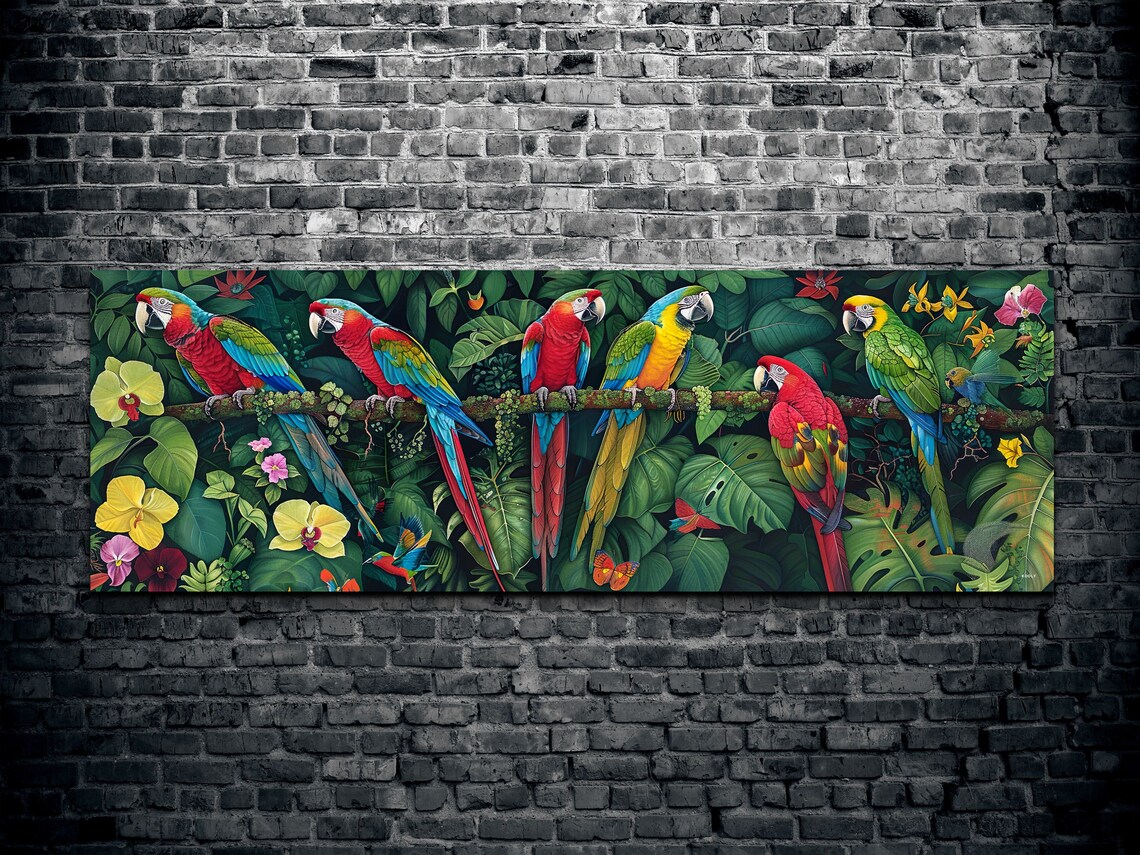 Panoramic Rainforest Scene With Parrots Art Print - Image 2