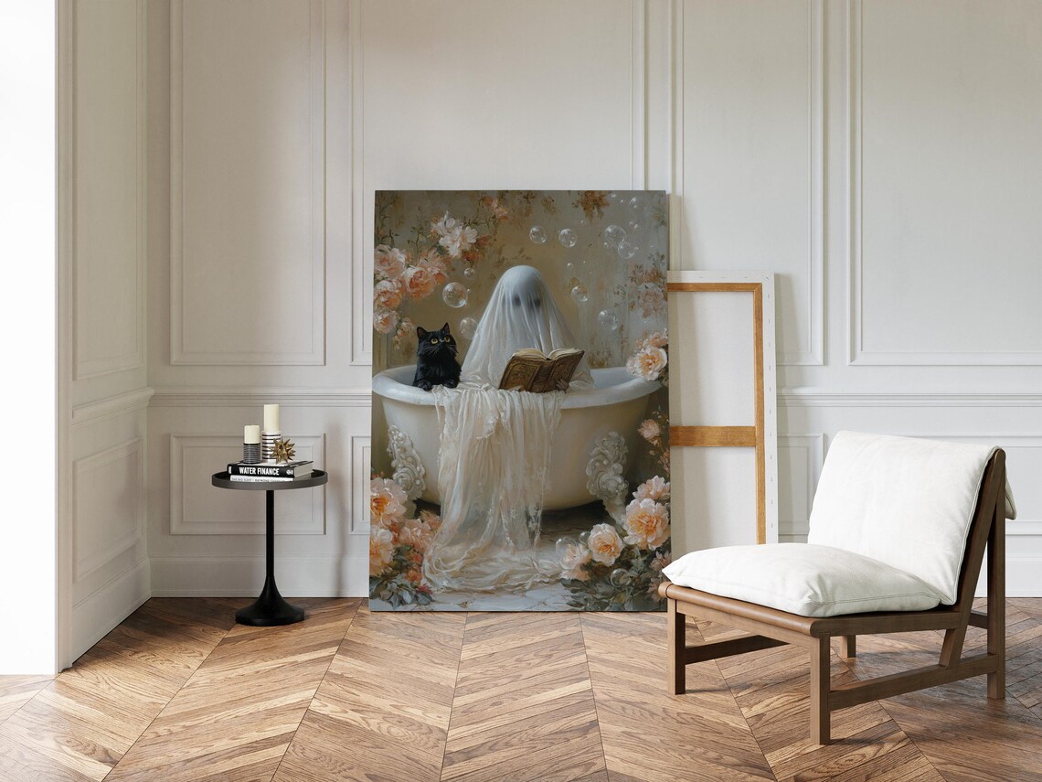 Ghost Reading in Bathtub, Whimsical Cat Bathroom Art Print - Image 2
