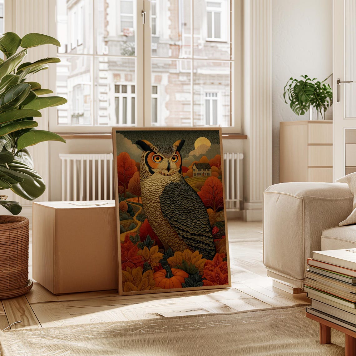 Autumn Owl Folk Painting Harvest Foliage Print for Cozy Walls