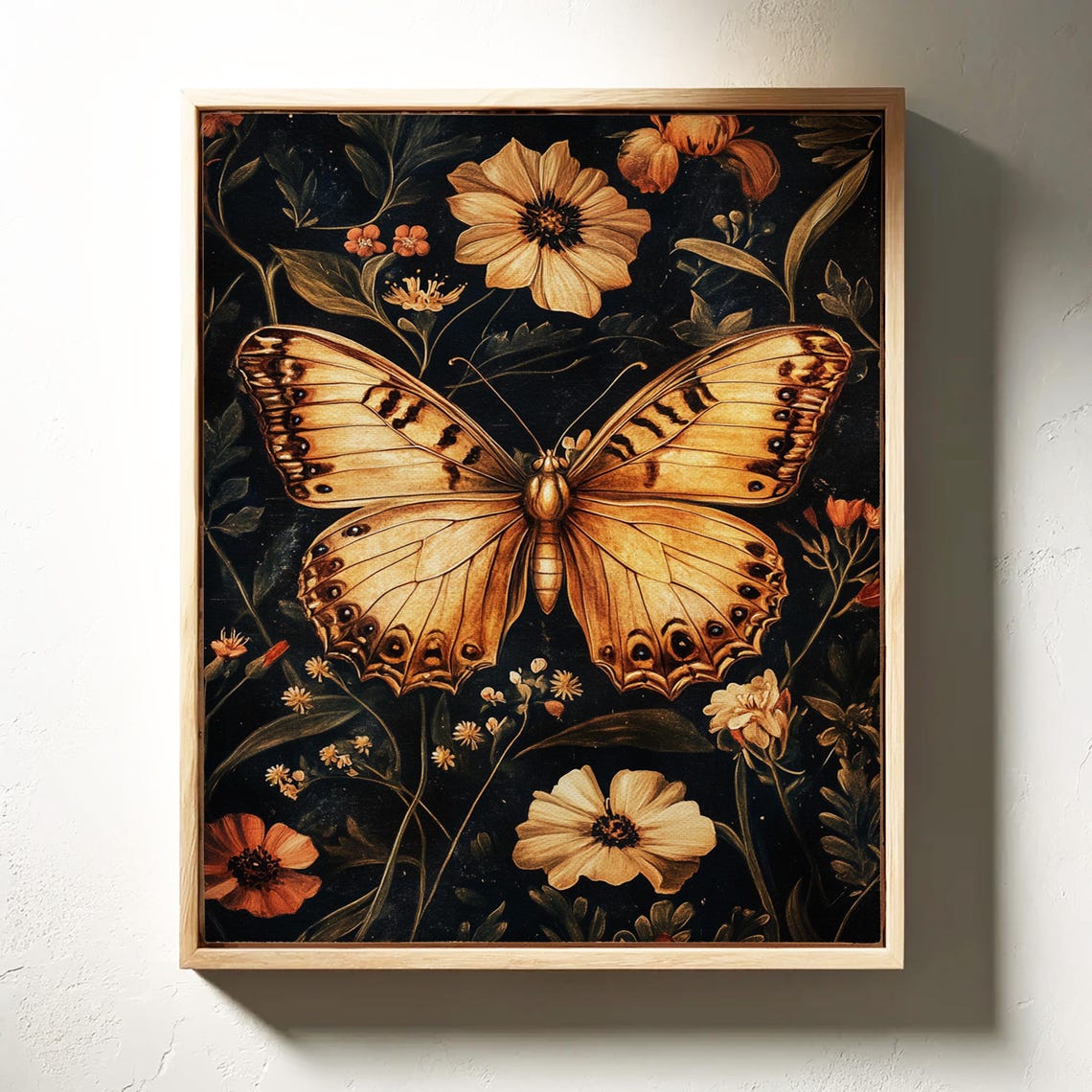 Vintage Golden Butterfly Among Cosmos Flowers Dark Botanical Poster - Image 7