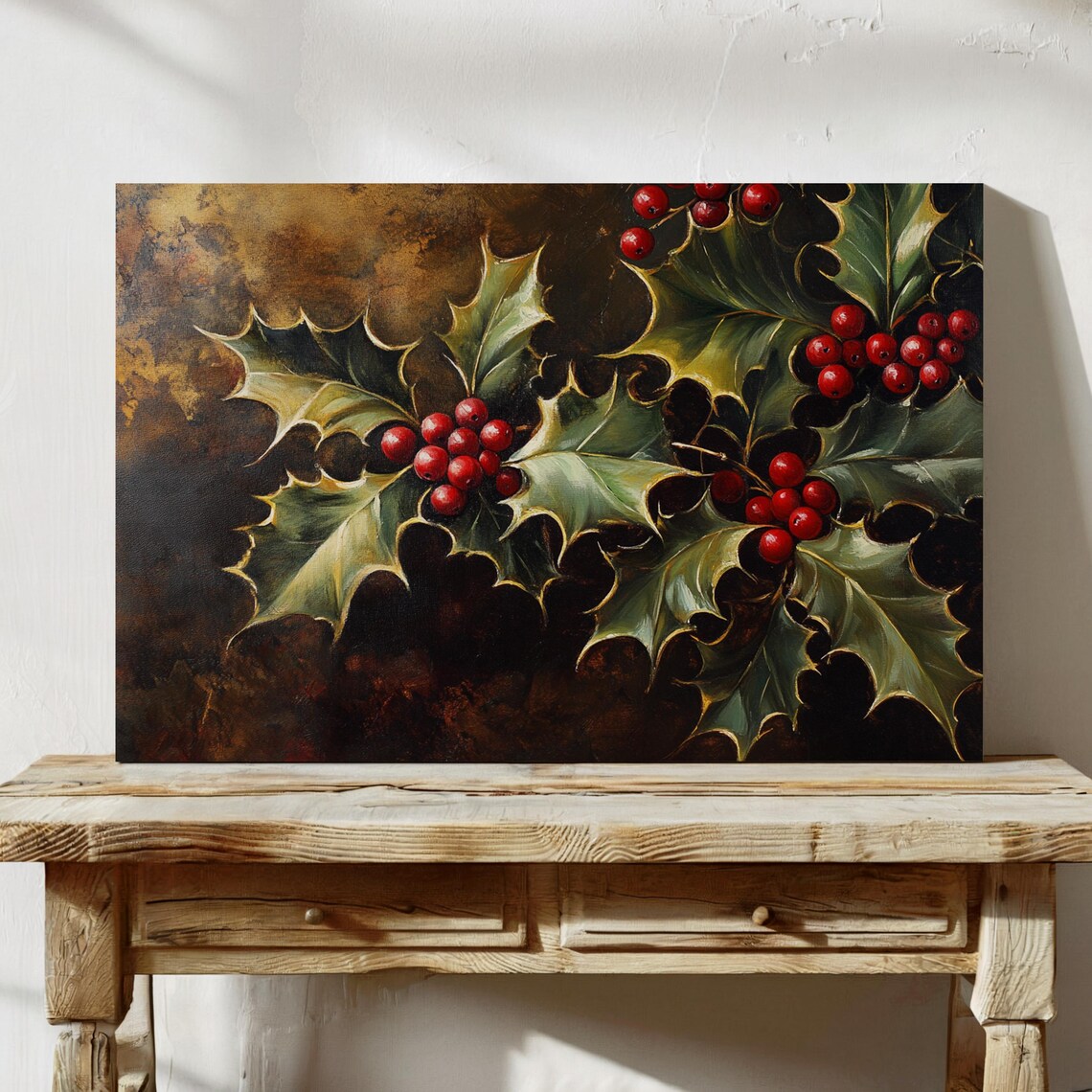 Vintage Holly Branches With Red Berries Dark Festive Holiday Wall Art - Image 6