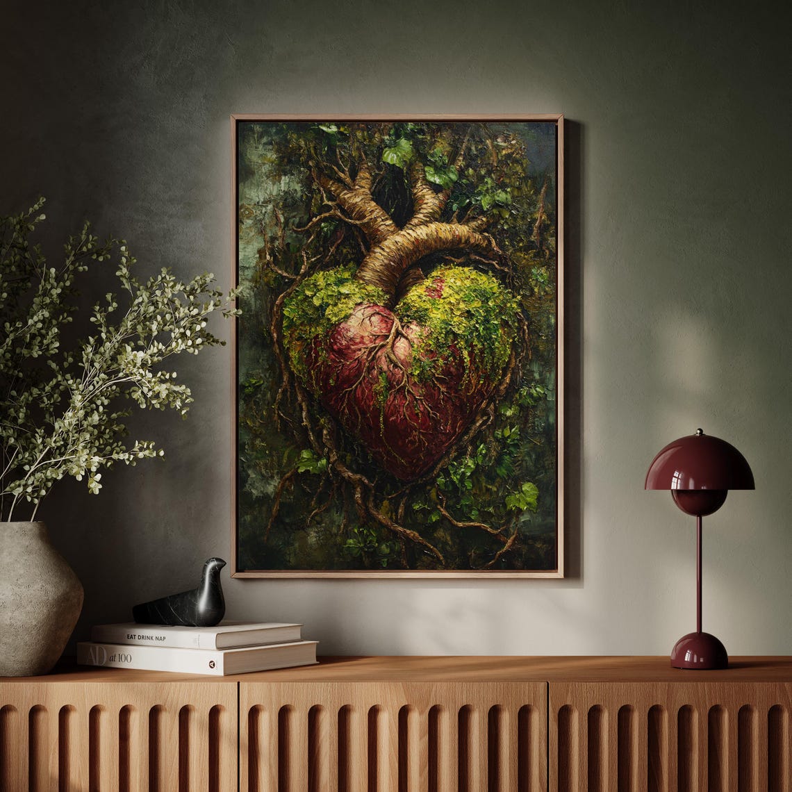 Moss-Covered Anatomical Heart with Twisted Tree Branches Dark Poster - Image 6