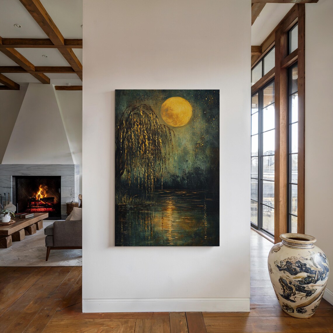 Moonlit Willow Reflection, Mystical Night Scene Art - Image 5