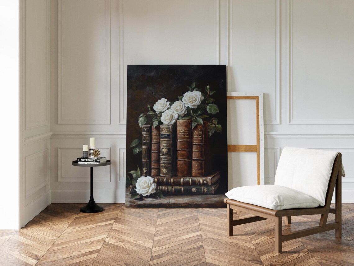 White Roses With Antique Leather Books Dark Floral Still Life Poster - Image 7