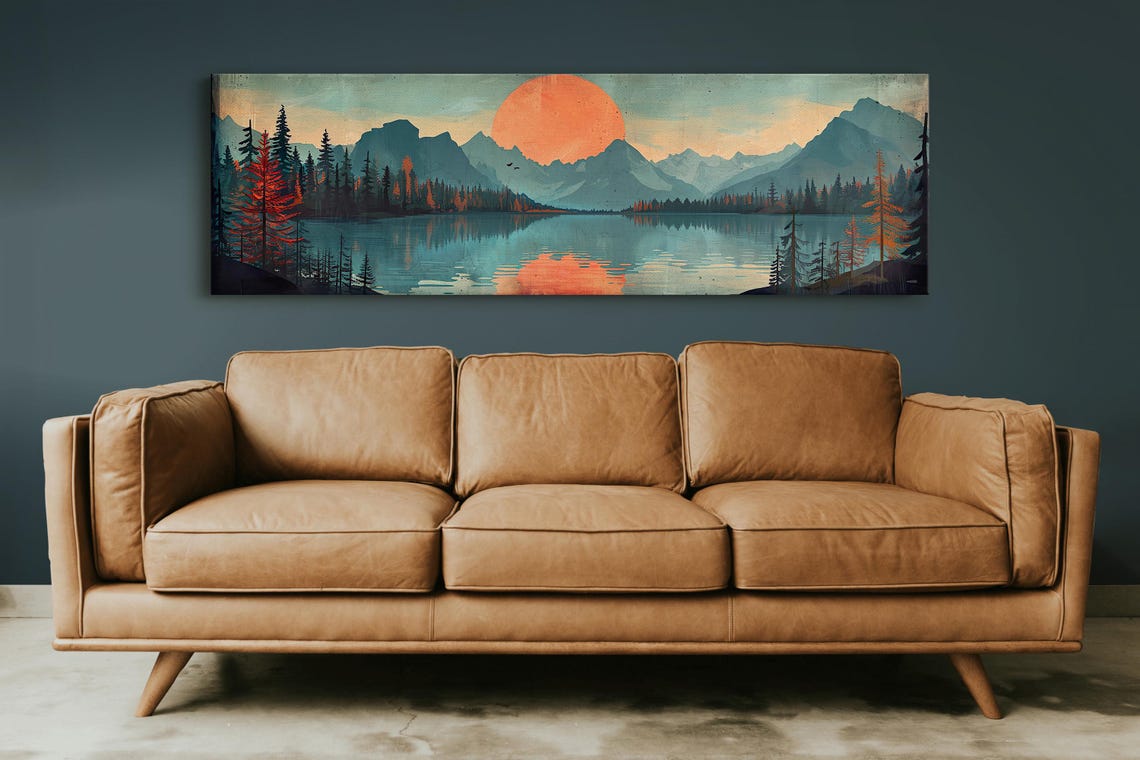 Orange Sun Panoramic Mountain Lake Sunset Mid Century Wall Art - Image 5