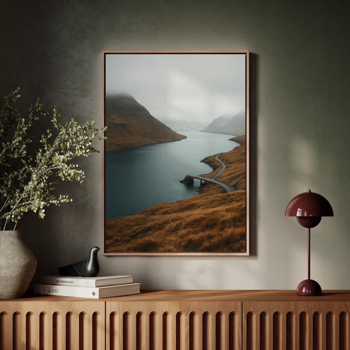 Foggy Fjord Bridge Landscape Photography Print with Misty Peaks