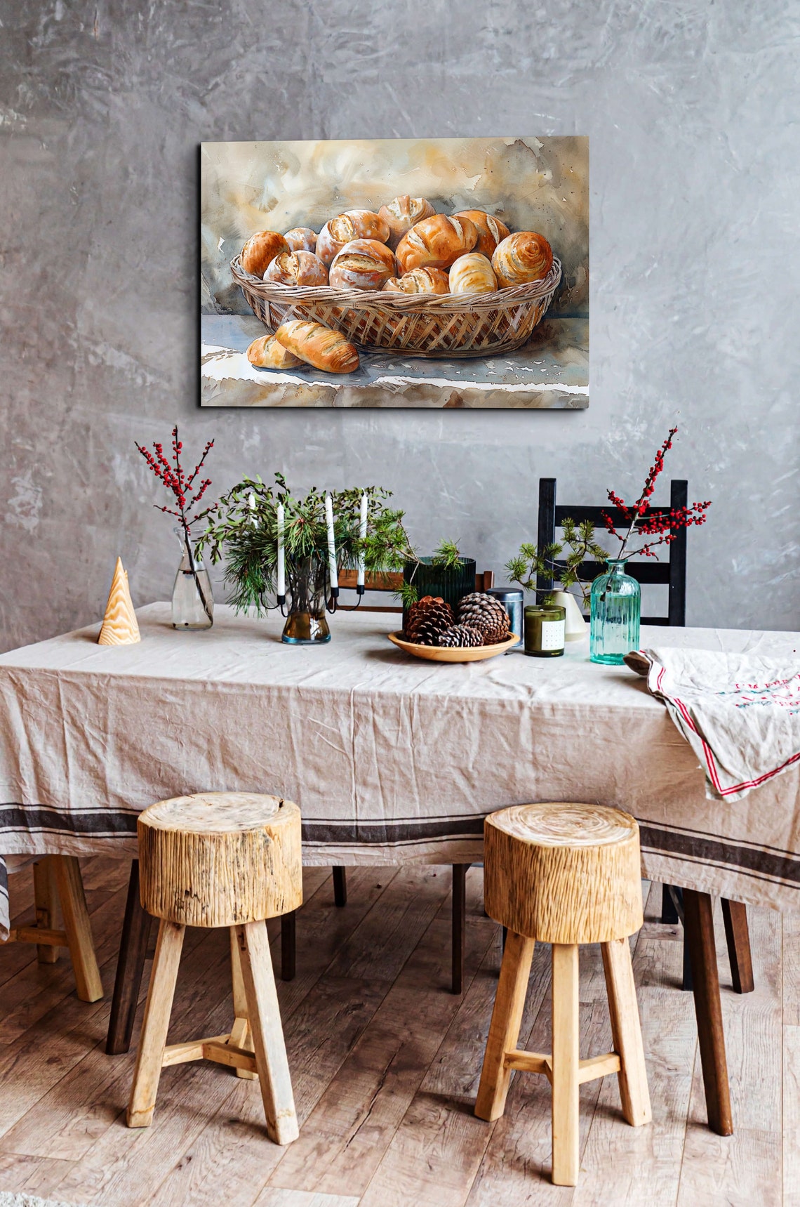 Watercolor Basket of Fresh Baked Bread Rolls Kitchen Wall Art - Image 3