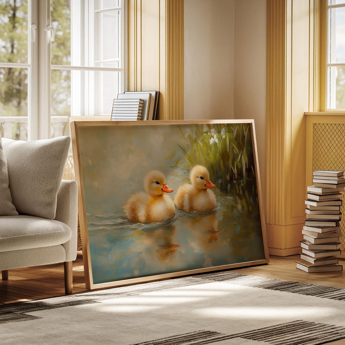 Two Yellow Ducklings Swimming In Pond With Reeds Cute Painting Poster - Image 5
