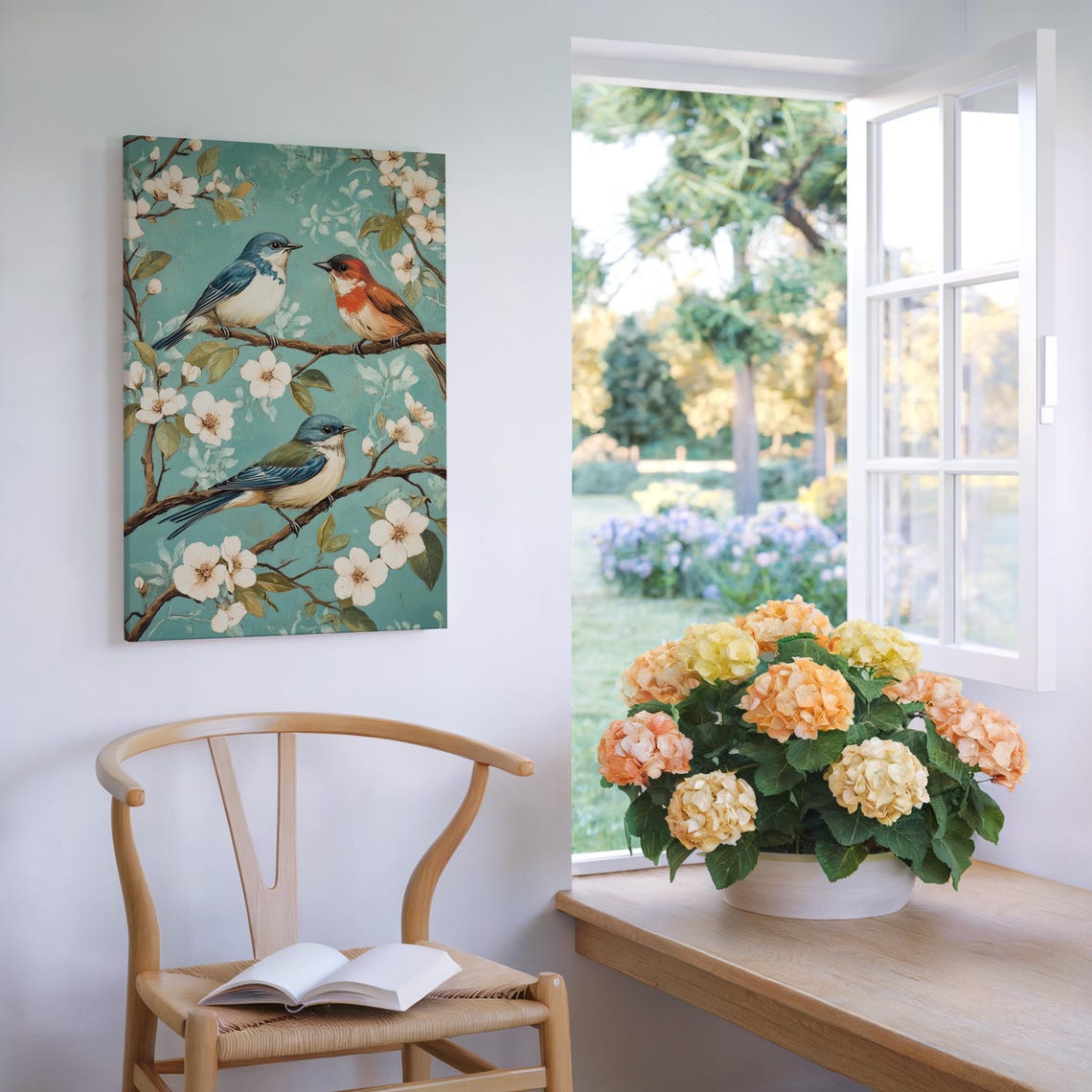 Songbirds On Cherry Blossom Branch Teal Vintage Bird Trio Poster - Image 5