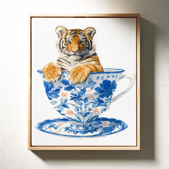 Tiger Cub In Blue Porcelain Teacup