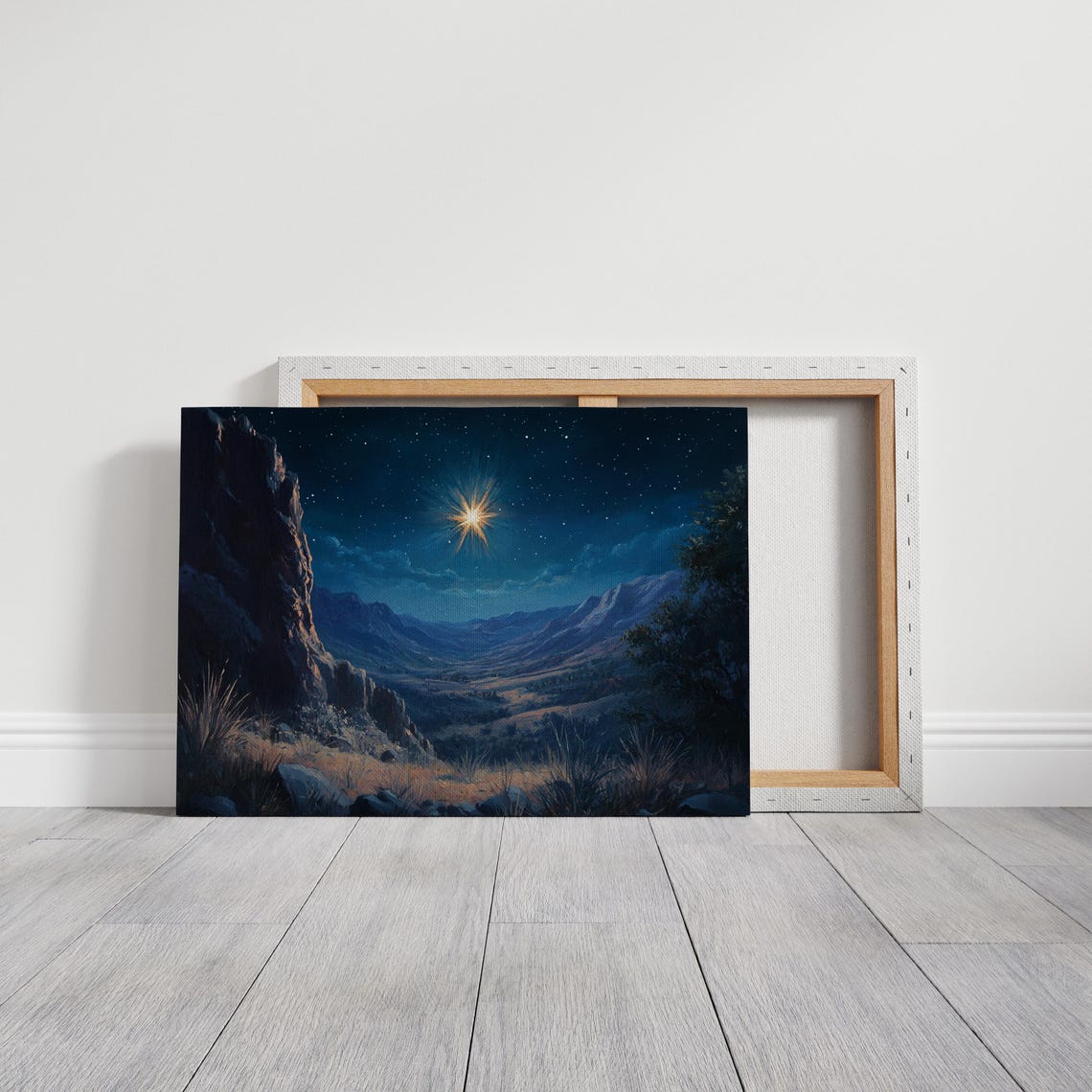 Star Of Bethlehem Over Moonlit Mountain Valley Christmas Wall Art - Image 3