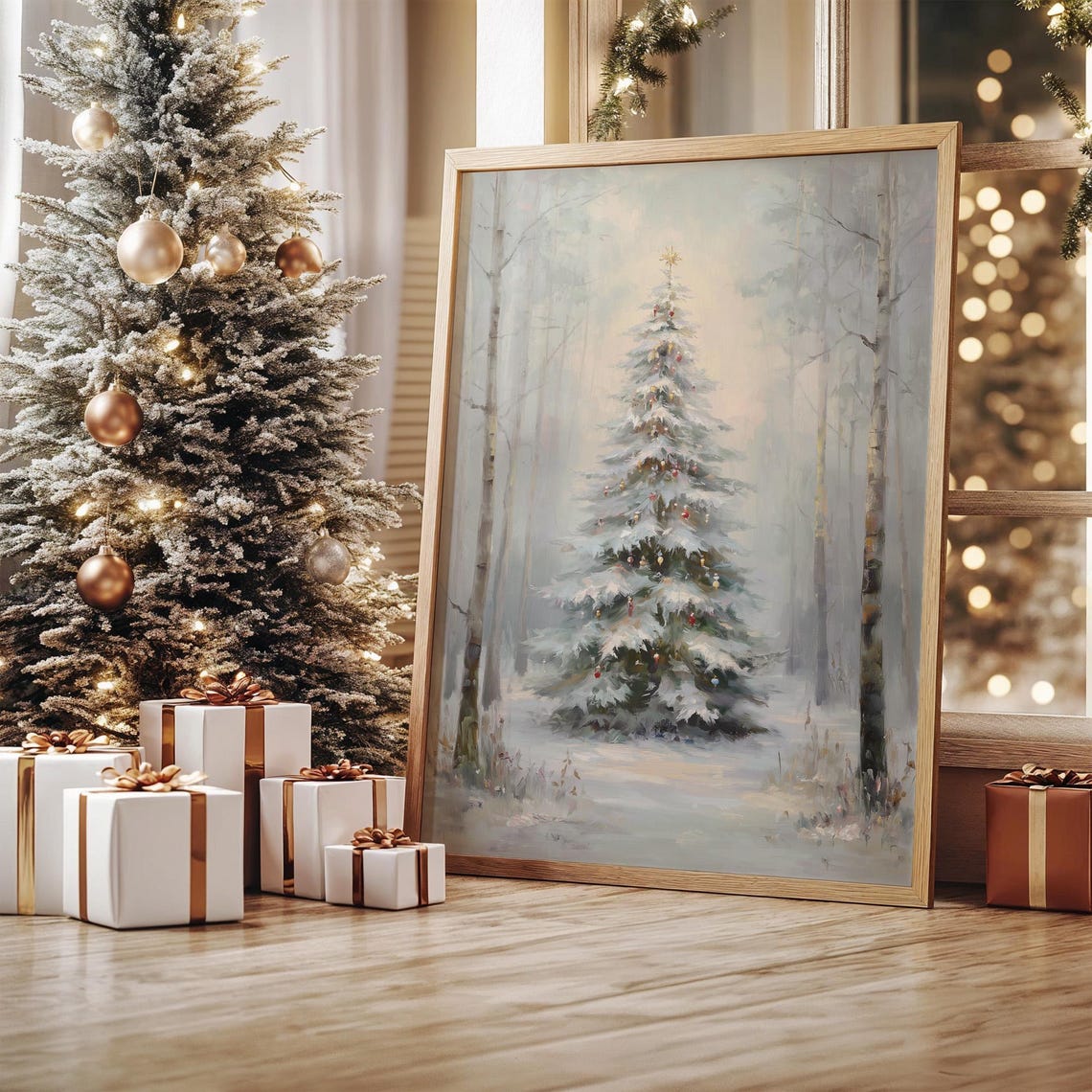 Snowy Christmas Tree Standing In Misty Winter Forest Scene Poster
