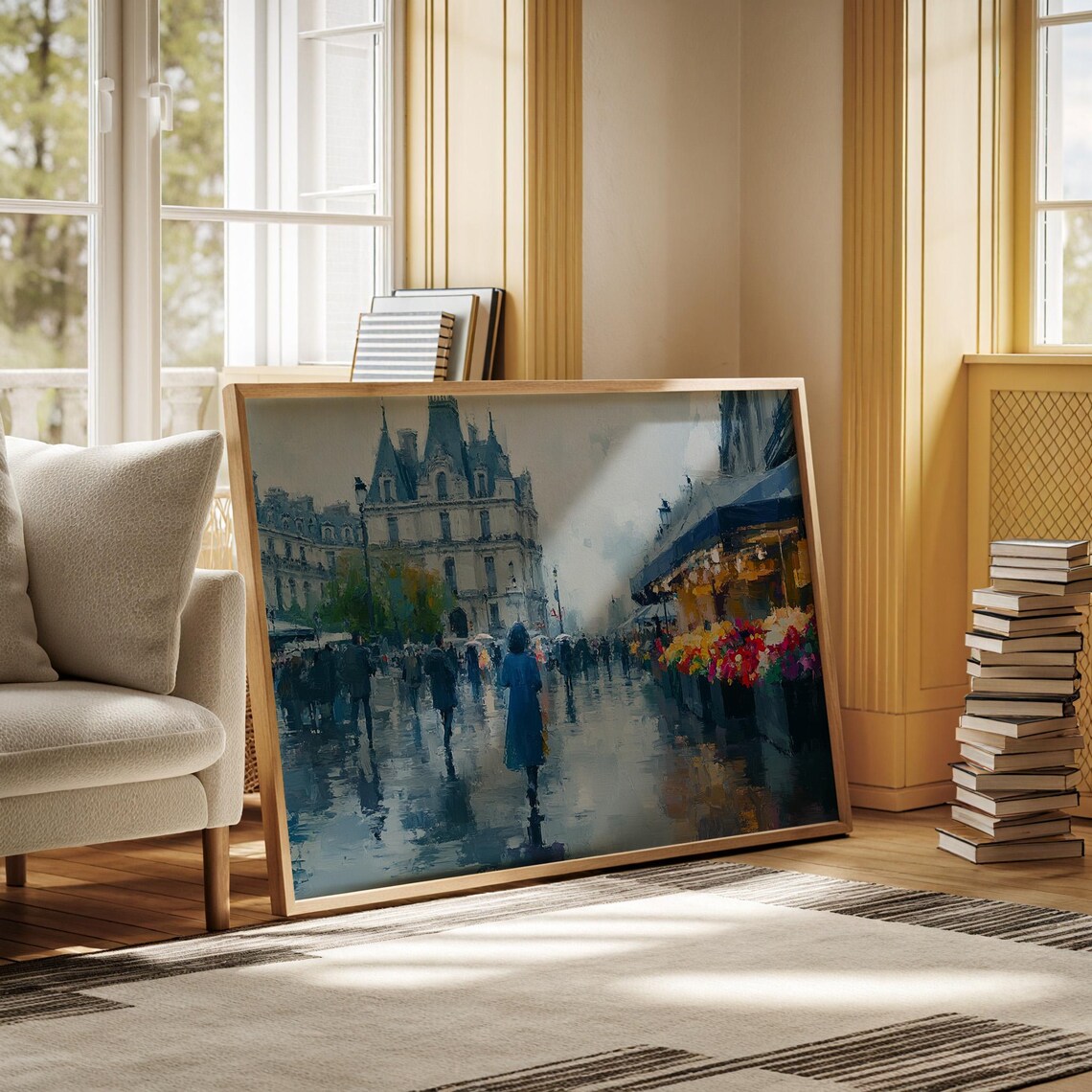 Rainy Day in Paris, Vibrant Flower Market Cityscape - Image 3