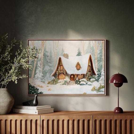 Snow Covered Cottage With Glowing Windows Winter Forest Poster