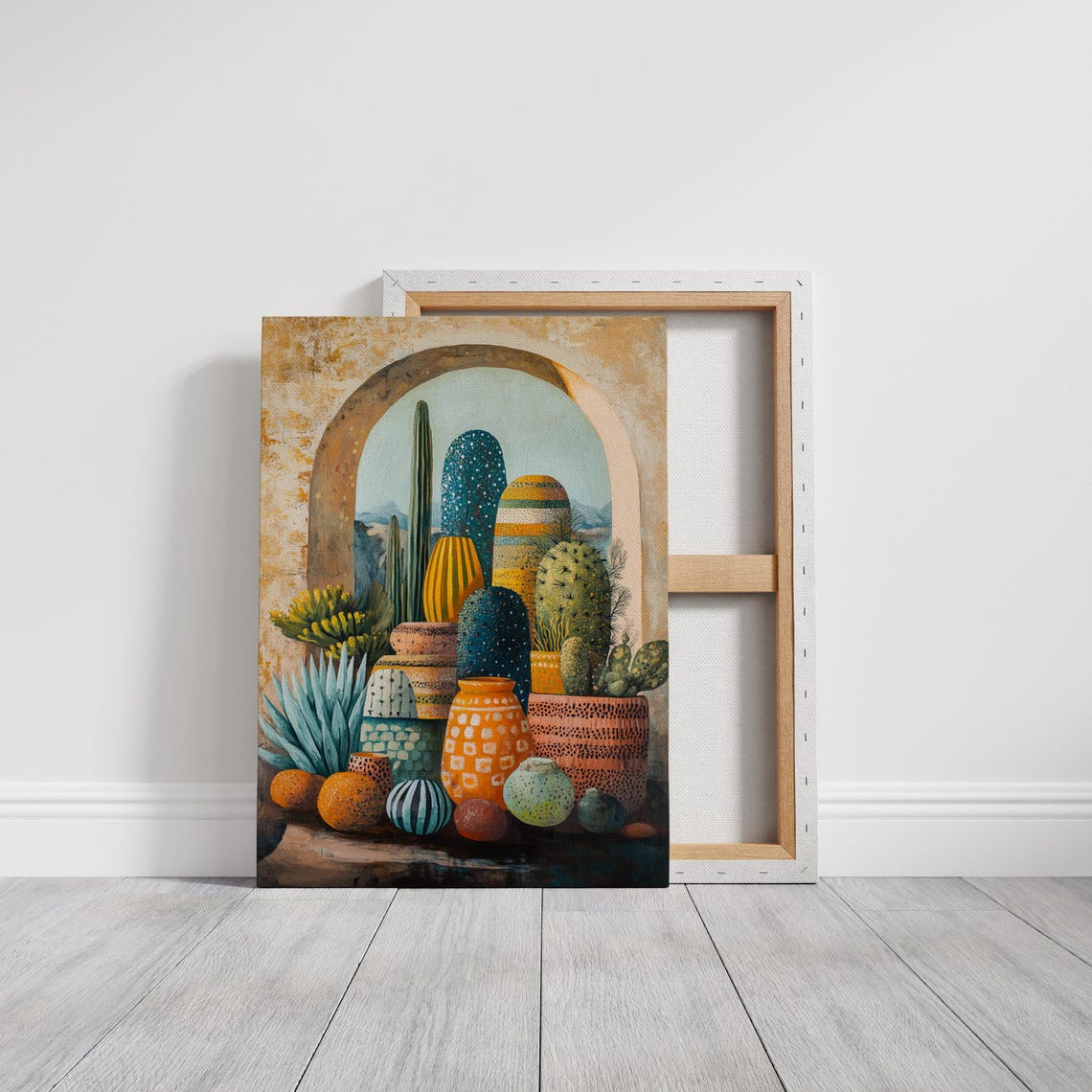 Colorful Patterned Cacti And Pots In Golden Stone Archway Poster - Image 3