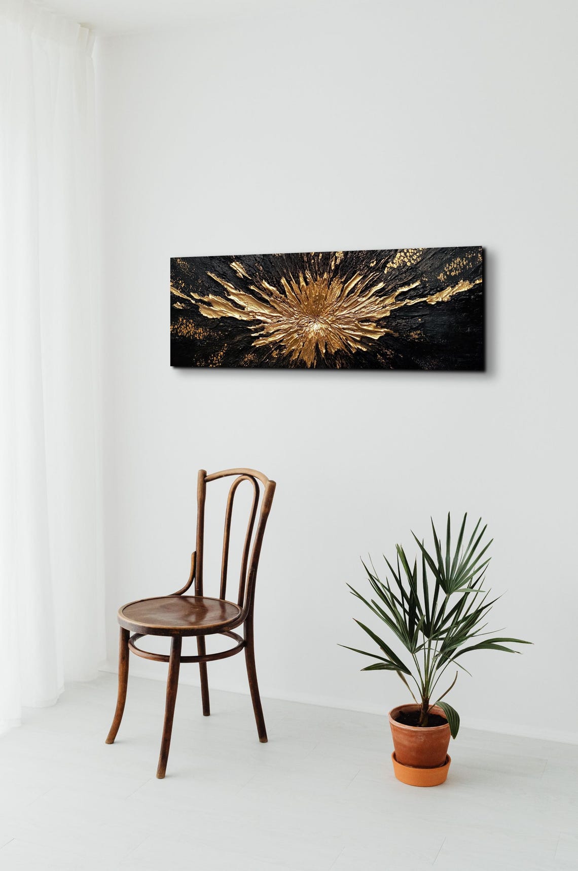 Gold Splash Burst On Black Textured Abstract Panoramic Art Poster - Image 3