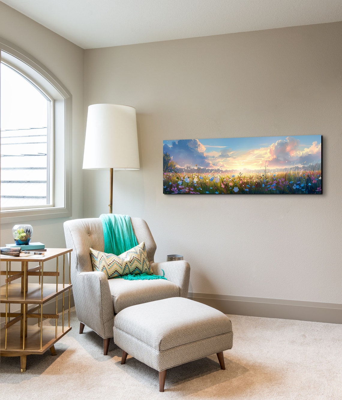 Wildflower Meadow at Golden Sunset Pastel Sky Panoramic Poster - Image 3