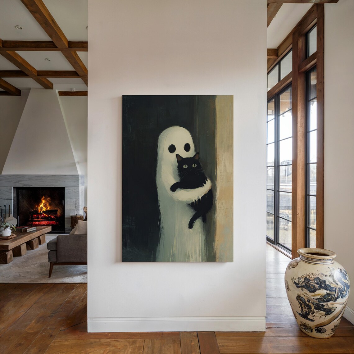 Spooky Ghost And Black Cat Halloween Art Print - Image 5