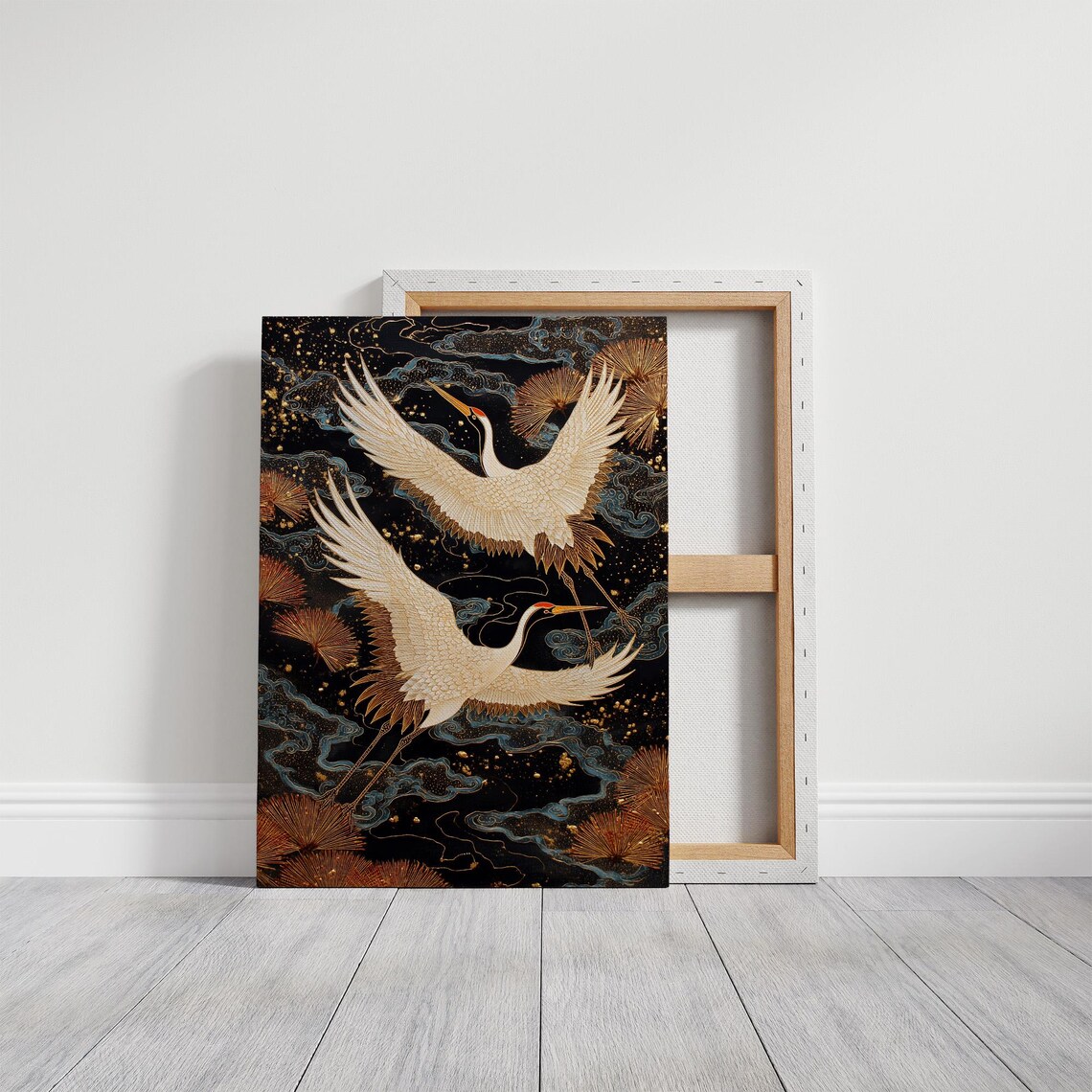 Golden Cranes Soaring on Black Night Sky Japanese Style Bird Art Poster