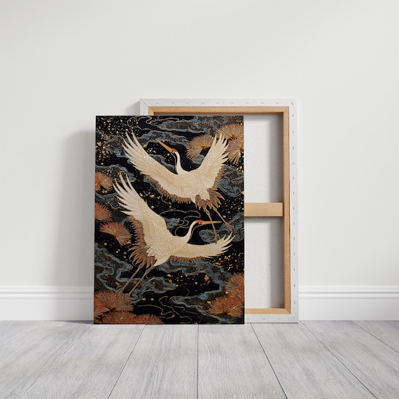 Golden Cranes Soaring Through Midnight Sky