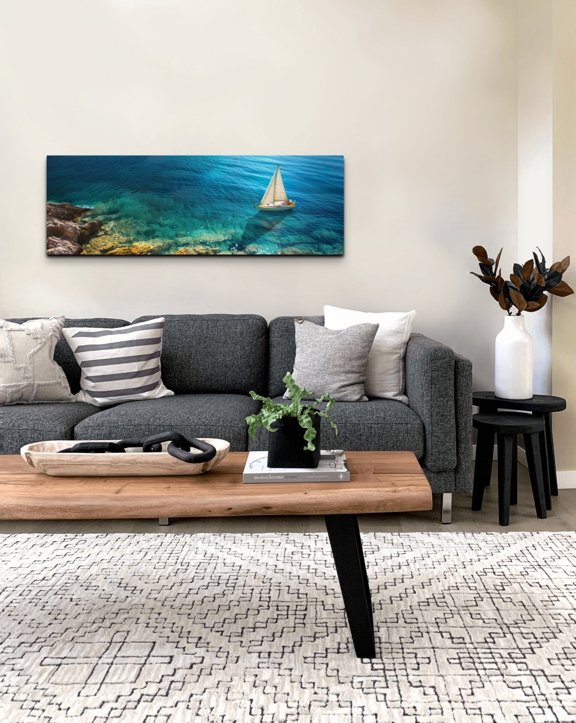Sailboat on Crystal Clear Turquoise Sea Rocky Coast Aerial Art Poster - Image 4