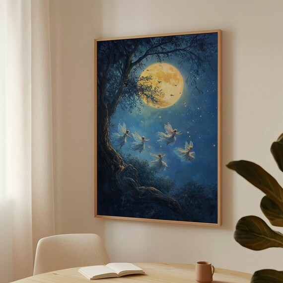 Fairies Dancing in Moonlight Around Ancient Tree and Moon Poster