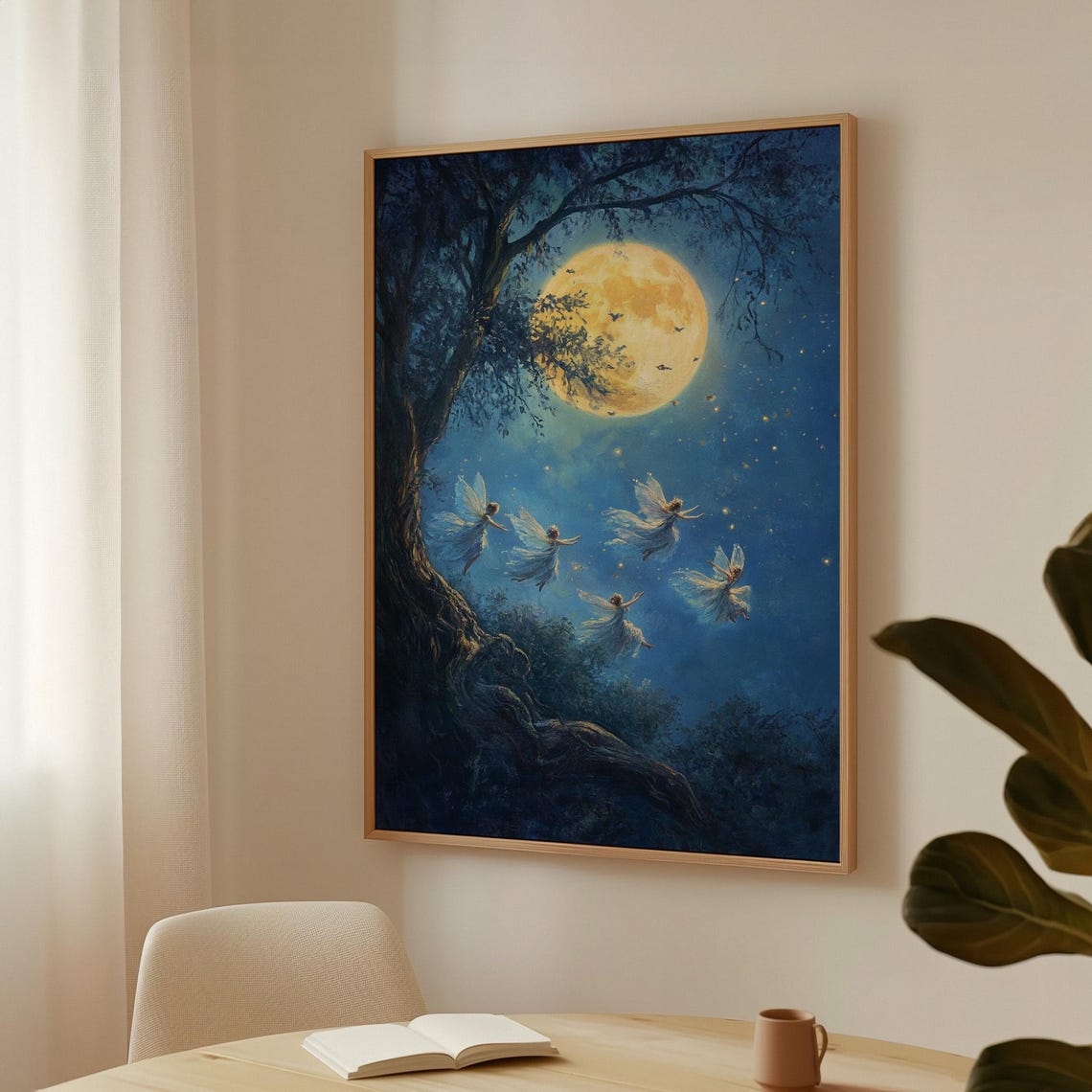 Fairies Dancing in Moonlight Around Ancient Tree and Moon Poster