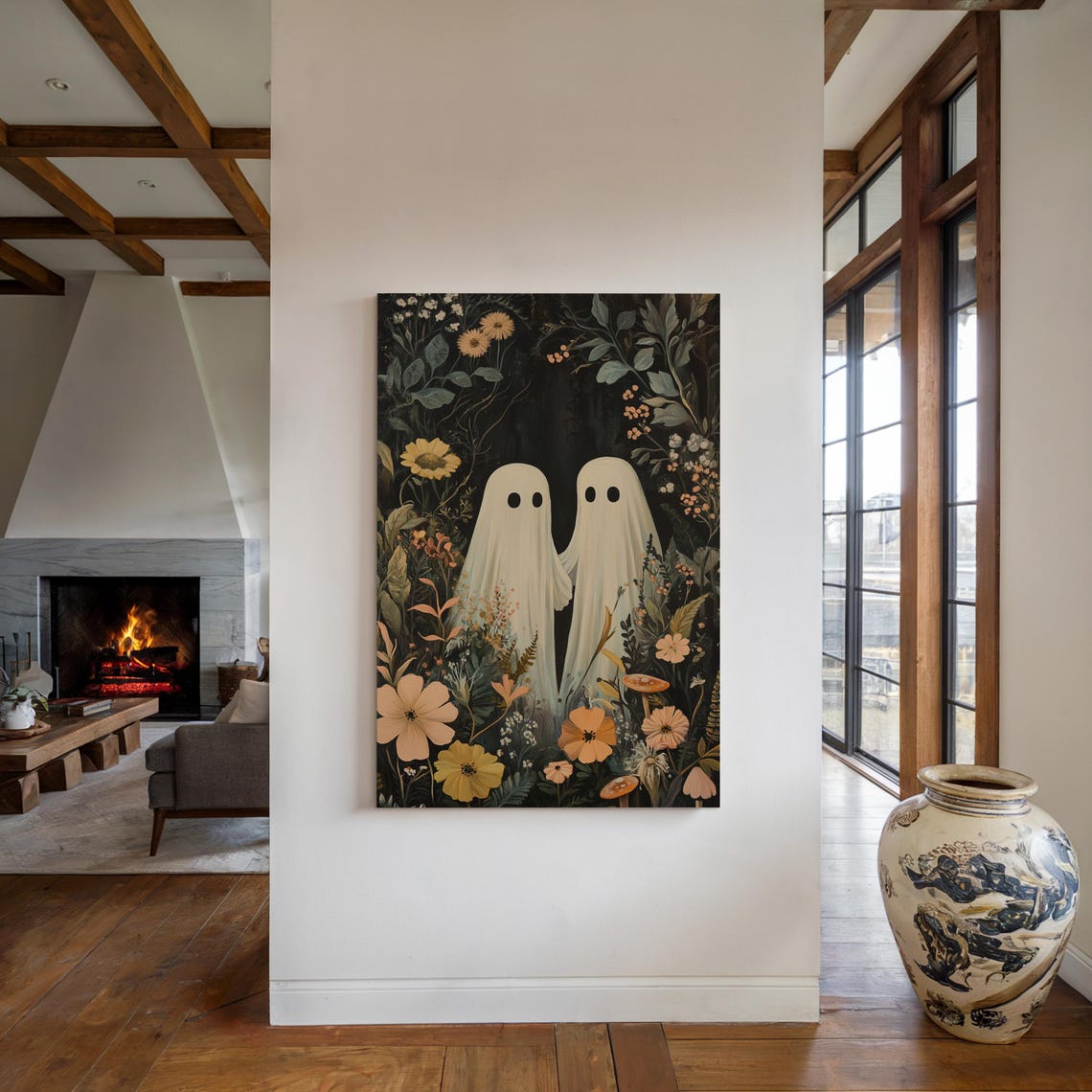 Two Cute Ghosts In Dark Floral Mushroom Garden Spooky Wall Art - Image 2