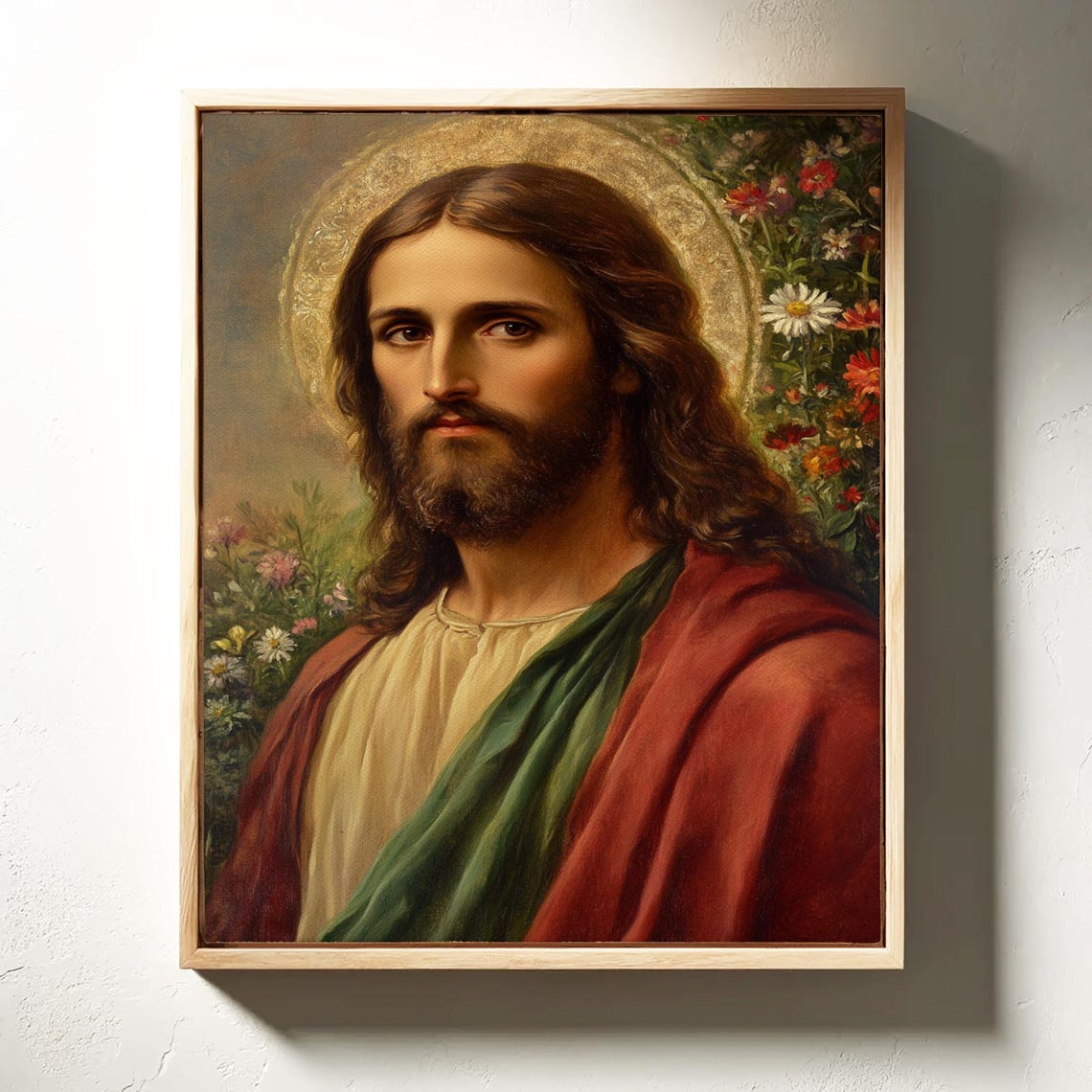 Jesus Christ Portrait With Golden Halo Wildflowers Faith Poster - Image 6