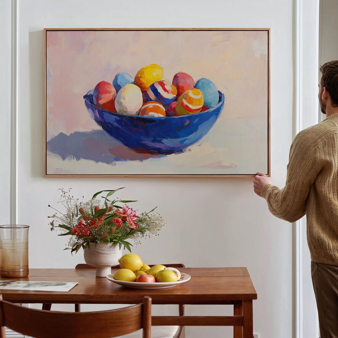 Painted Easter Eggs in Cobalt Blue Bowl Bright Spring Painting Wall Art - Image 4